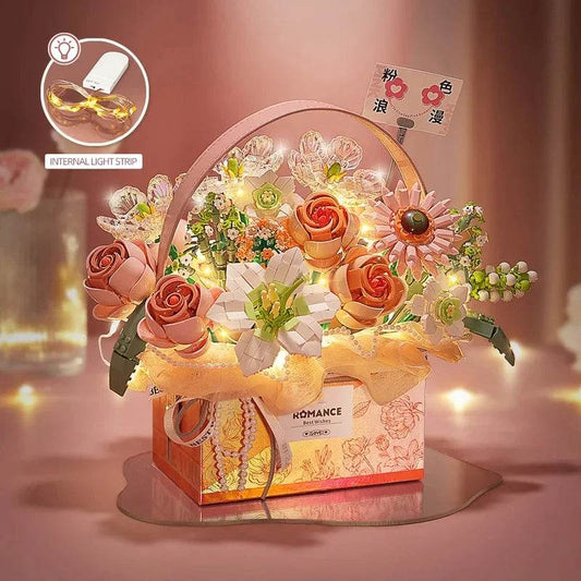 Creative Pink Rose Basket Bouquet Building Blocks Gift Box - ToylandEU