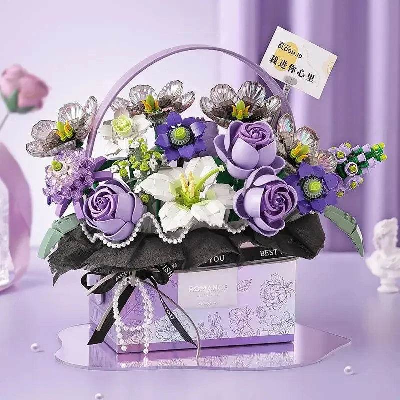 Creative Pink Rose Basket Bouquet Building Blocks Gift Box - ToylandEU