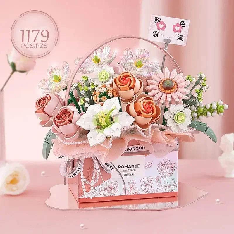Creative Pink Rose Basket Bouquet Building Blocks Gift Box - ToylandEU
