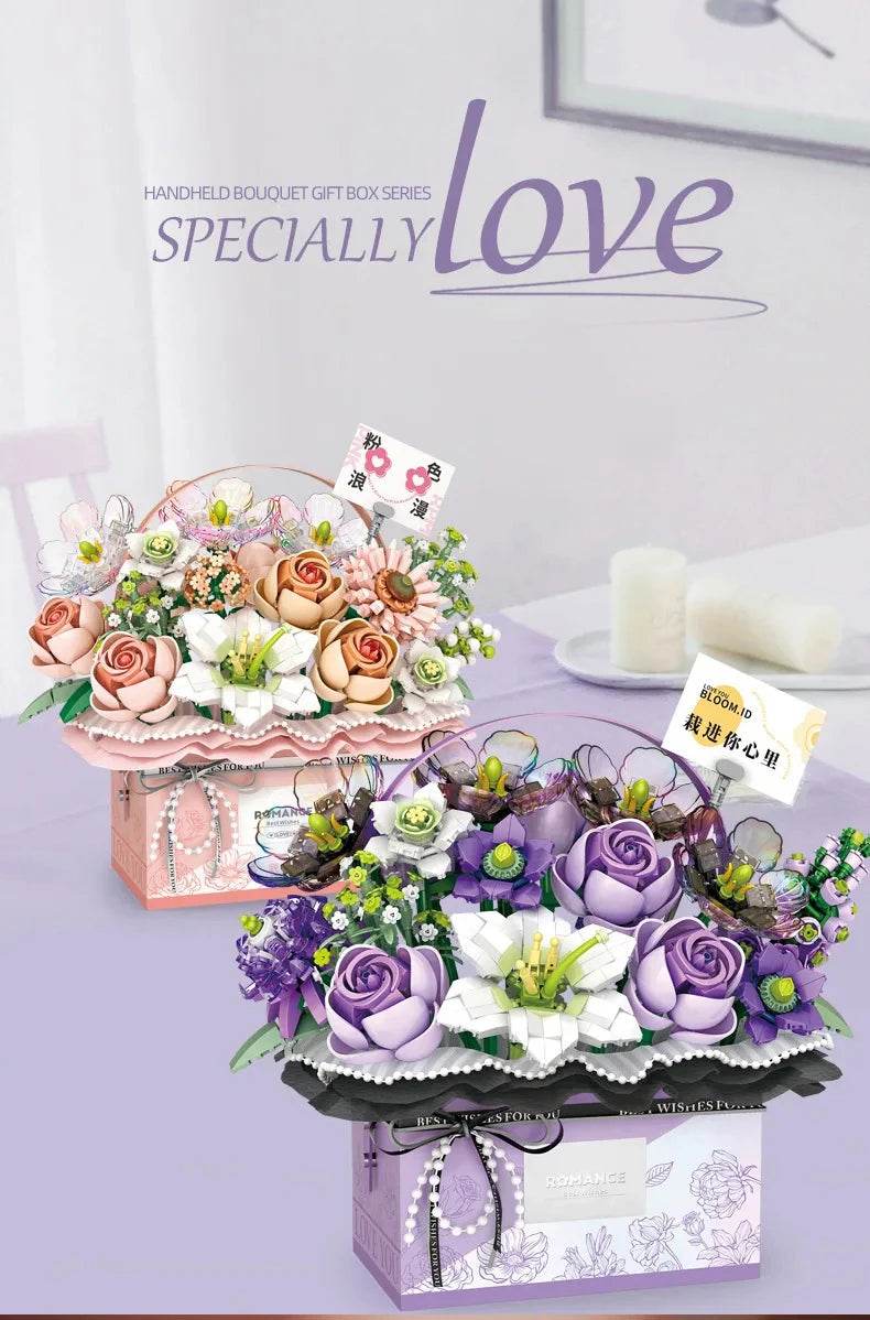Creative Pink Rose Basket Bouquet Building Blocks Gift Box - ToylandEU
