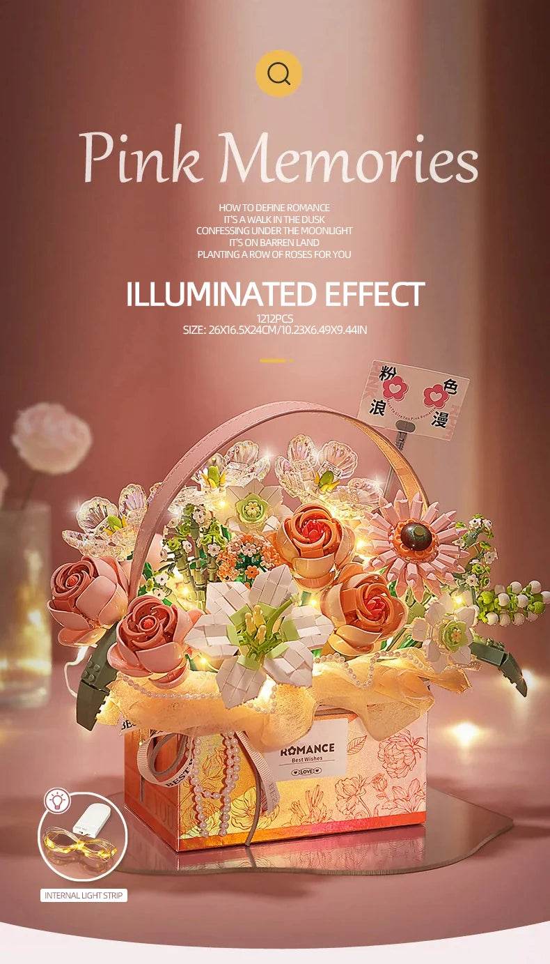 Creative Pink Rose Basket Bouquet Building Blocks Gift Box - ToylandEU