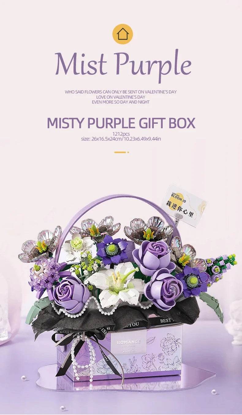 Creative Pink Rose Basket Bouquet Building Blocks Gift Box - ToylandEU