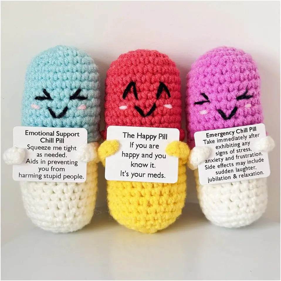 Crochet Emotional Support Chill Pill Caring Gift Handmade Knitted Emergency Pills Desktop Ornament With Card Home Room Decor - ToylandEU