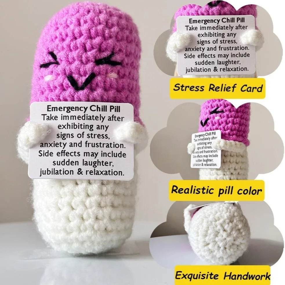 Crochet Emotional Support Chill Pill Caring Gift Handmade Knitted Emergency Pills Desktop Ornament With Card Home Room Decor - ToylandEU