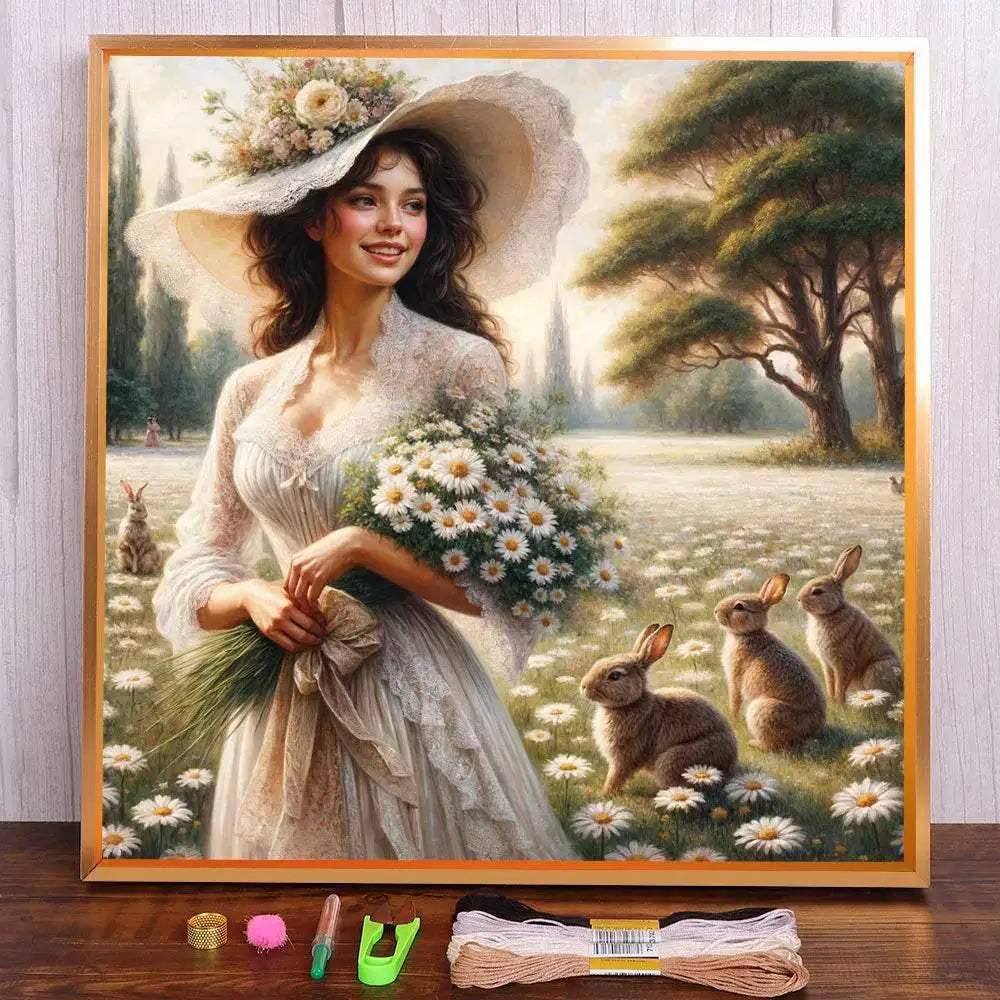  Charming Portrait of a Girl with Chrysanthemums - DIY Cross Stitch Embroidery Set for Adults -  ToylandEU™