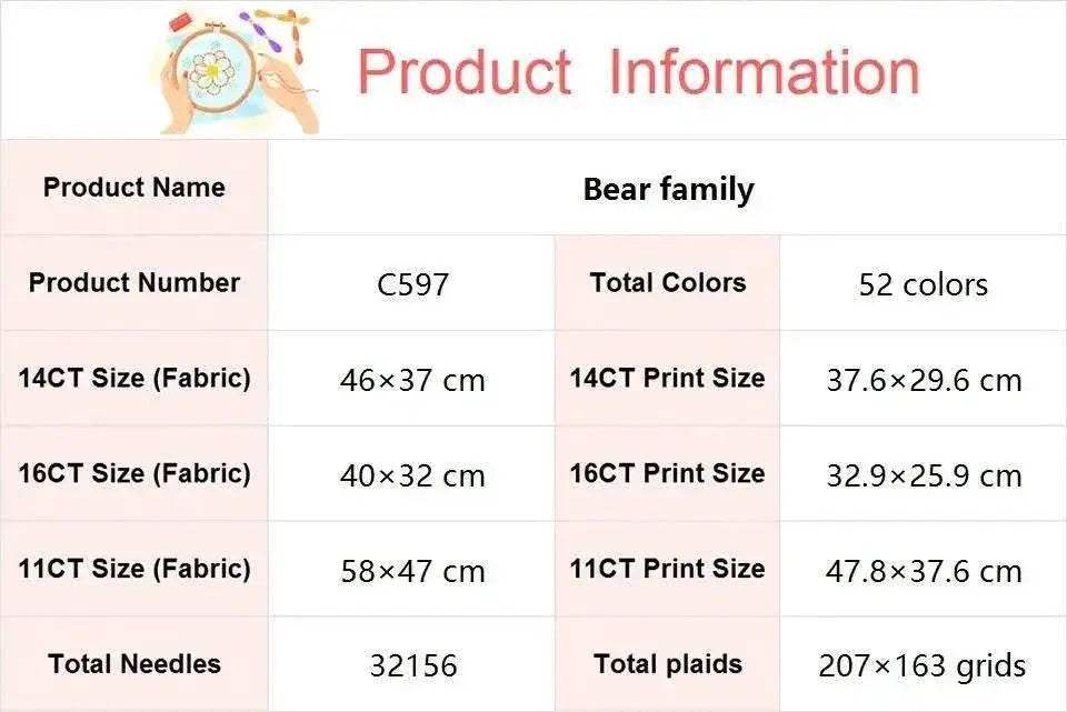  Bear Family Cartoon Cross Stitch DIY Embroidery Kit with Aida Fabric and Sewing Accessories -  ToylandEU™