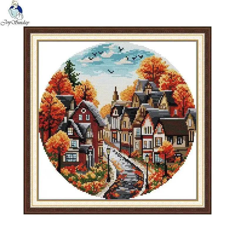  Autumn Streets Cross Stitch Kit by Joy Sunday - Aida Fabric Sewing Set for DIY Home Decor and Gifts -  ToylandEU™