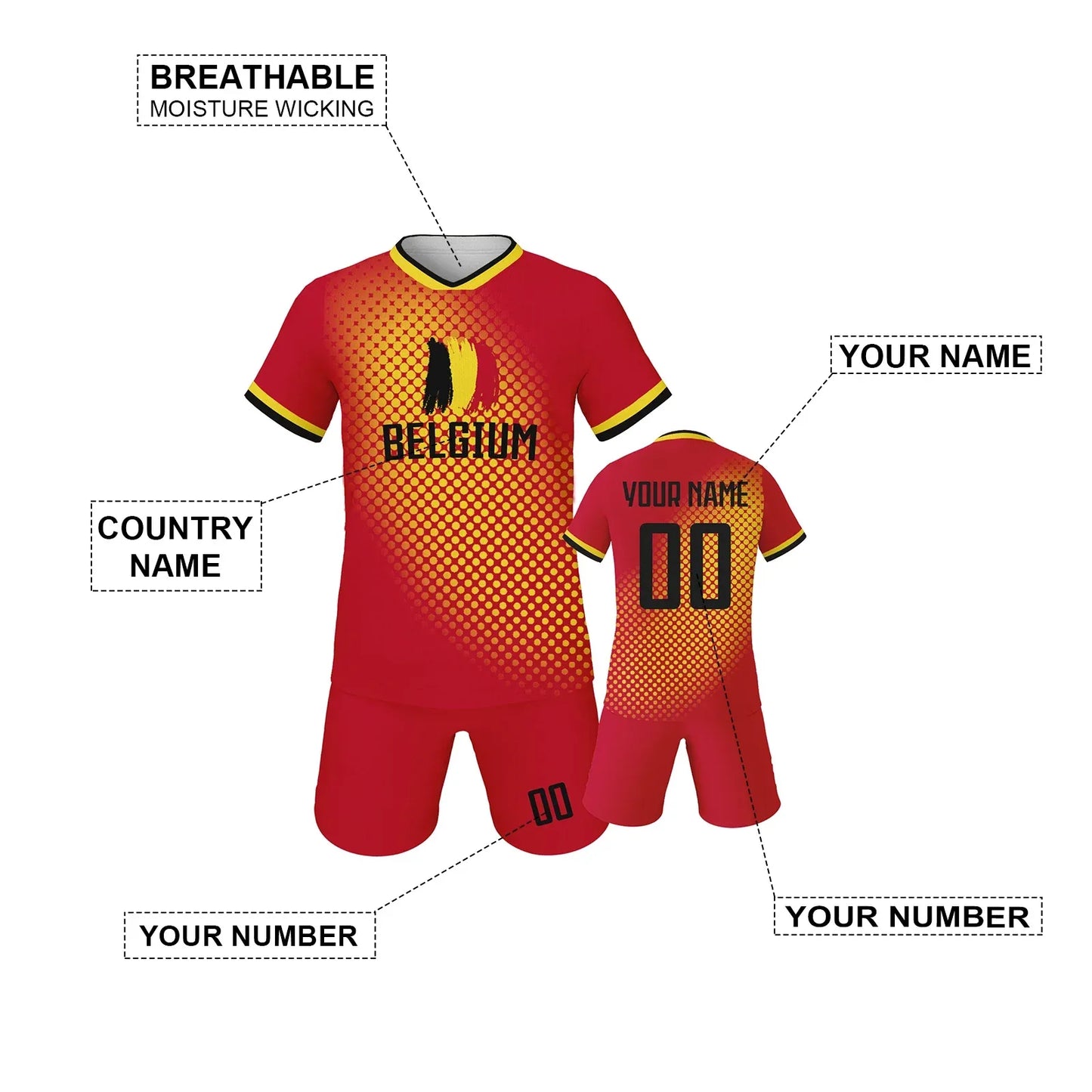 Custom Belgium Kids Soccer Jersey And Shorts Set With Personalized Name And Number, Youth Unisex Football Kit - ToylandEU