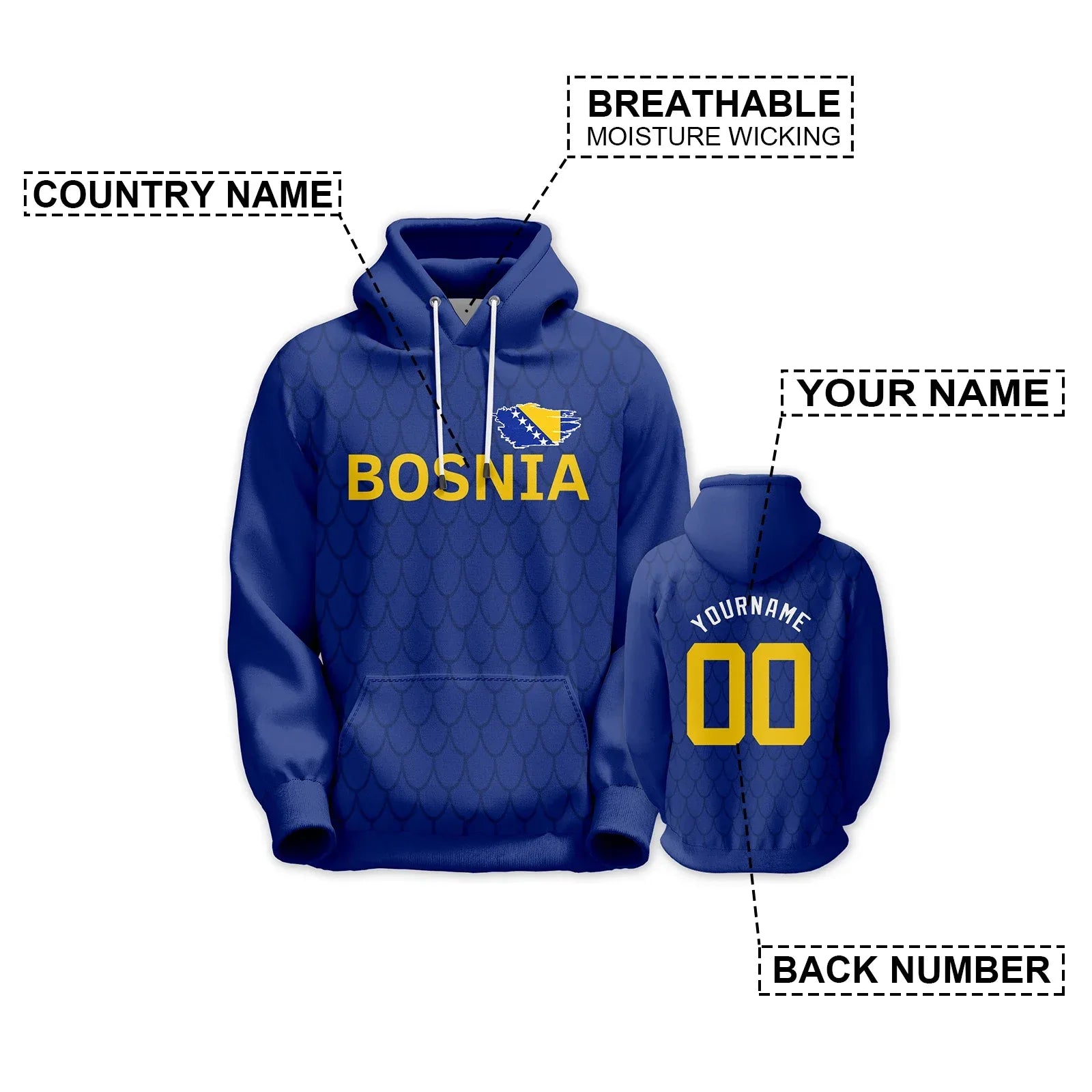 Custom Bosnia Basketball Hoodie Polyester Unisex Pullover With National Flag Design Personalize Name And Number - ToylandEU