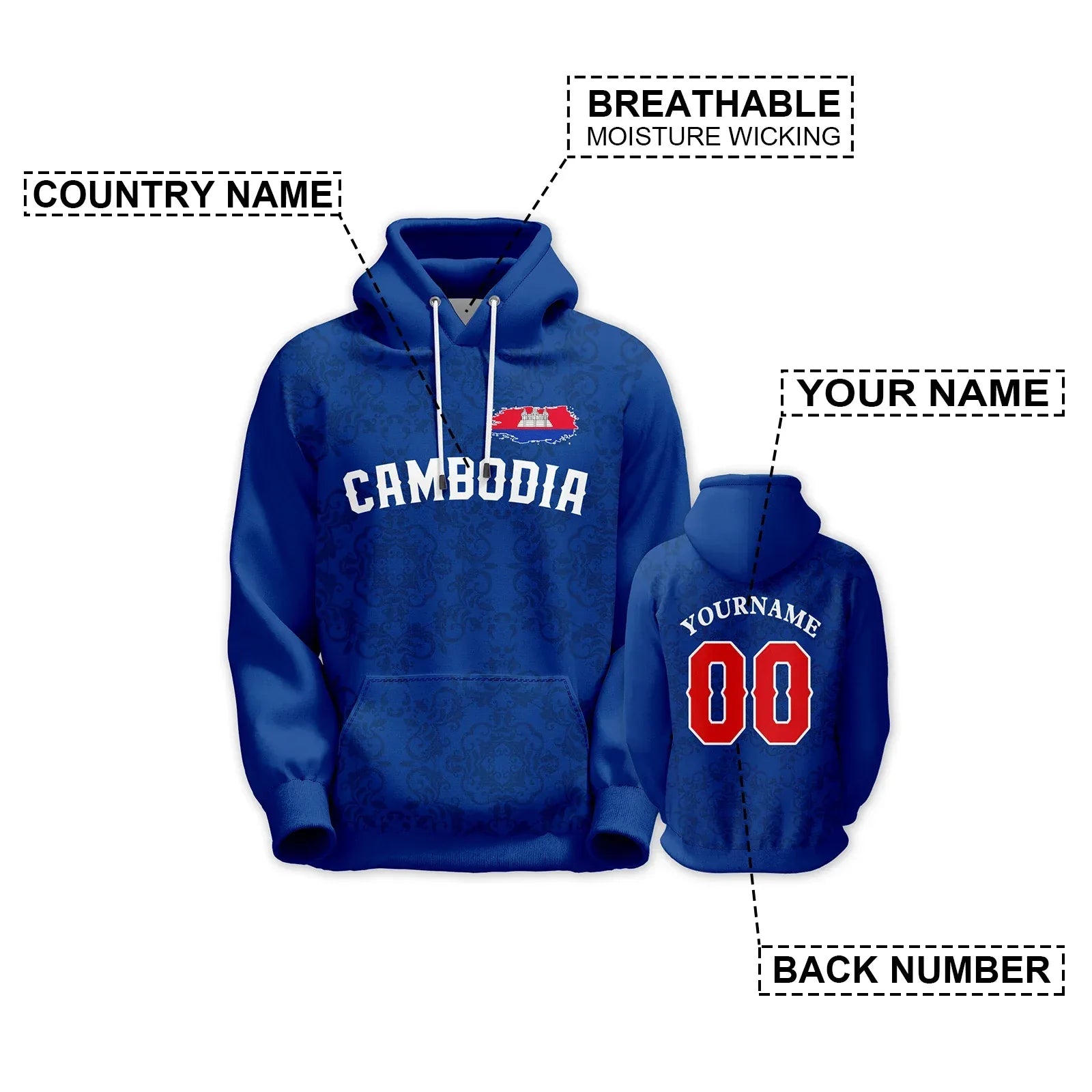 Custom Cambodia Basketball Hoodie Unisex Hooded Sweatshirt Polyester 3D Printed Name And Number Flag Design - ToylandEU