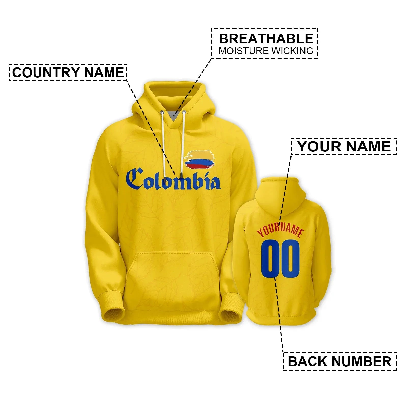 Custom Colombia Basketball Hoodie Unisex Pullover Sweatshirt 3D Name and Number Printing Polyester - ToylandEU