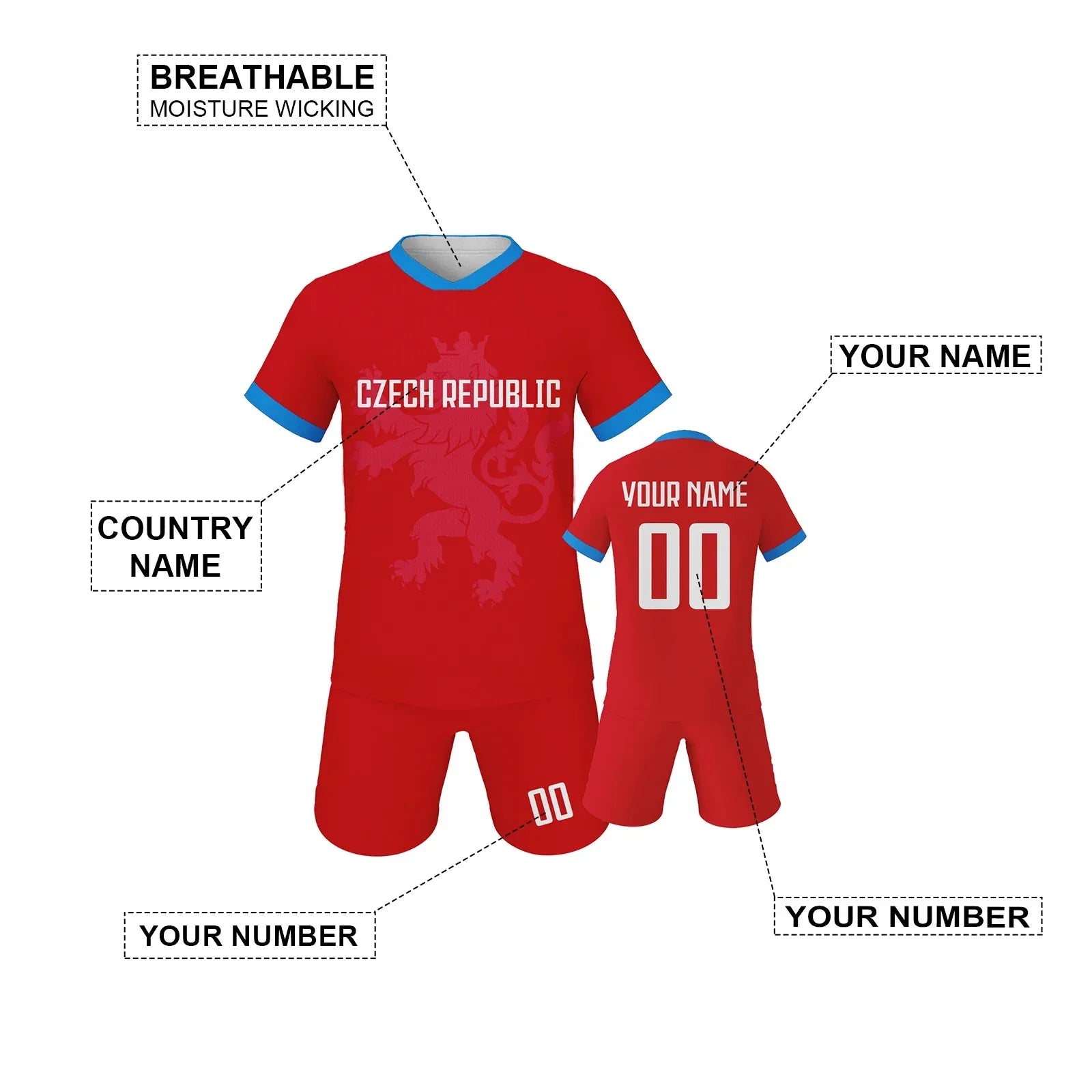 Custom Czech Republic Kids Football Jersey Shorts Kit Unisex With Name And Number - ToylandEU