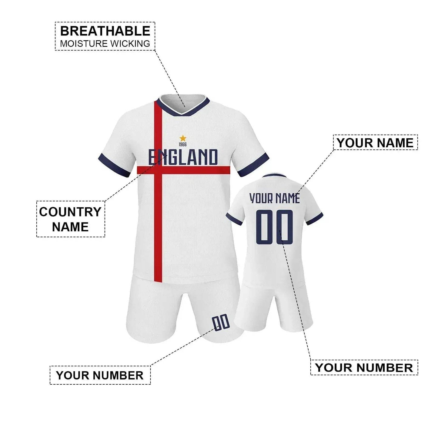Custom England Football Jersey For Kids Personalised Name And Number - ToylandEU