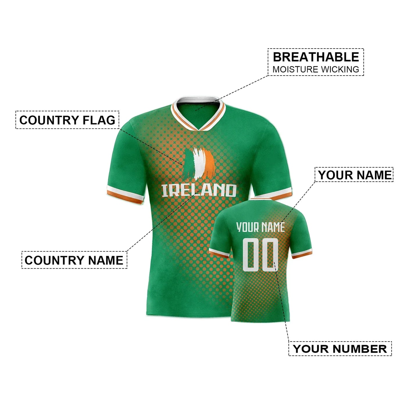 Custom Ireland Soccer Jersey Unisex Short Sleeve Polyester With Printed Name And Number - ToylandEU