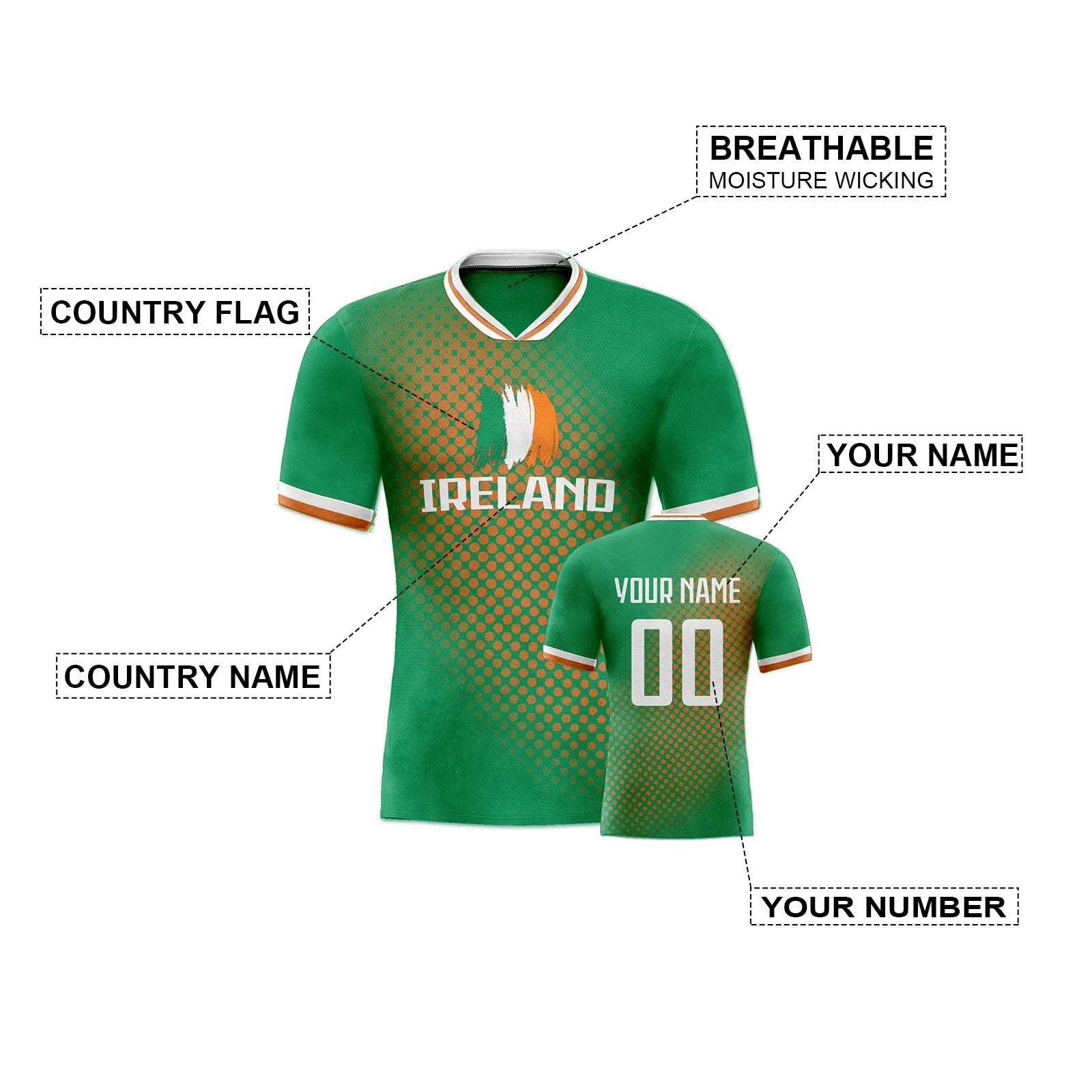 Custom Ireland Soccer Jersey Unisex Short Sleeve Polyester With Printed Name And Number - ToylandEU