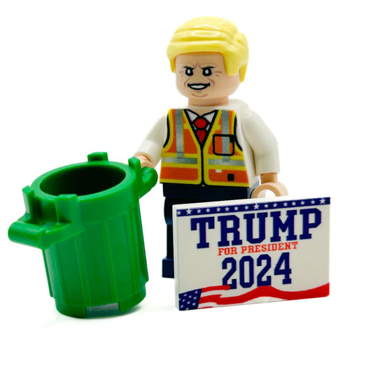 Custom LEGO Figure Garbage Man Trump With Campaign Tile And Trash Can Accessory - ToylandEU