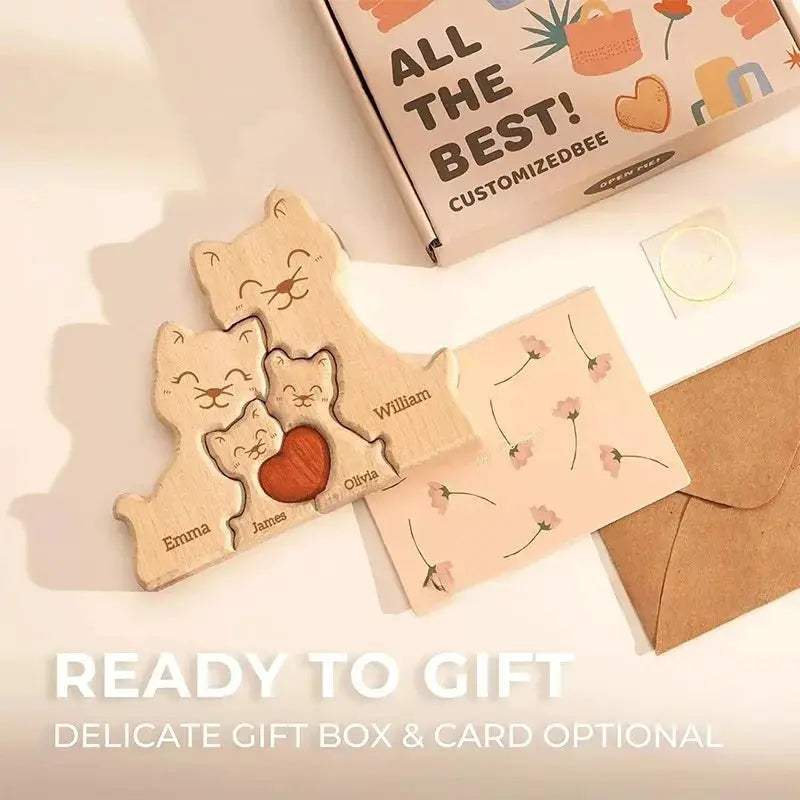 Custom Name Wooden Cat Puzzle Personalized Handmade Gift For Mom - ToylandEU