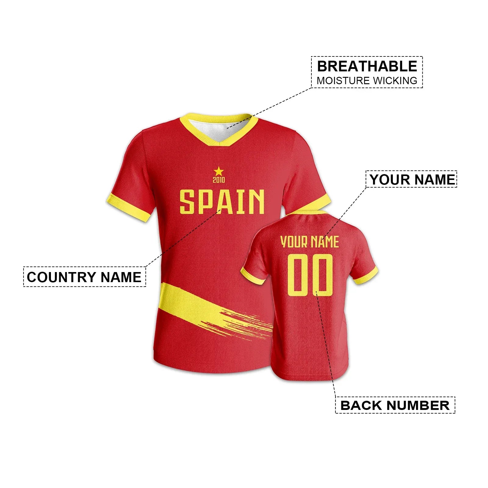 Custom Spain Soccer Jersey With Printed Name And Number Unisex Knit Football Shirt Breathable Quick Dry - ToylandEU