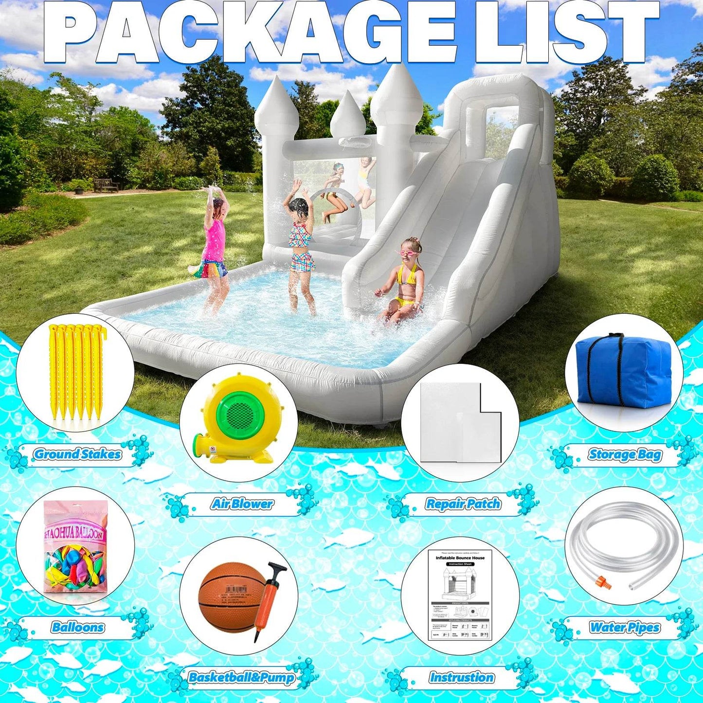 Customization White Bounce House with Blower 10x13.7ft Kids Bouncy Castle - ToylandEU