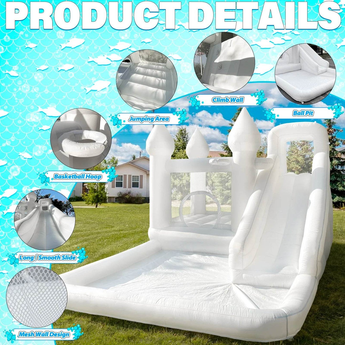 Customization White Bounce House with Blower 10x13.7ft Kids Bouncy Castle - ToylandEU
