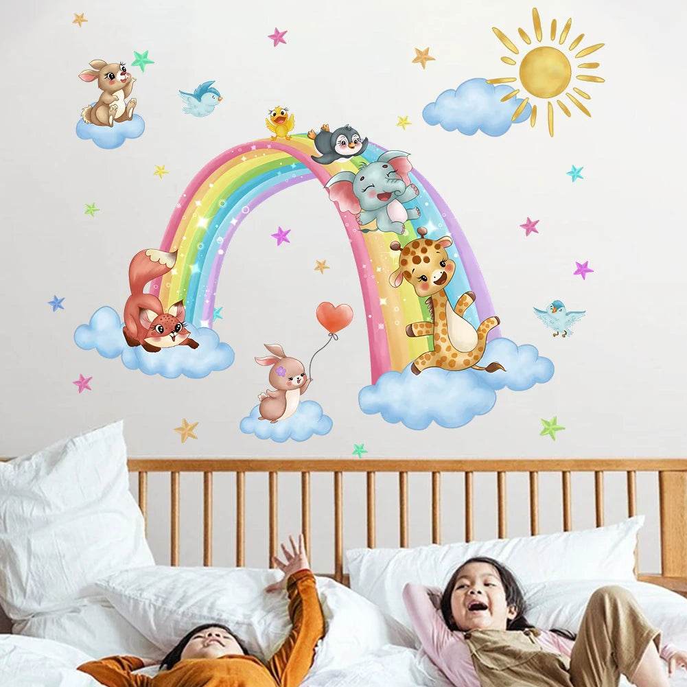 Cute Animal Cartoon Wall Stickers On Clouds For Kids Rooms - ToylandEU