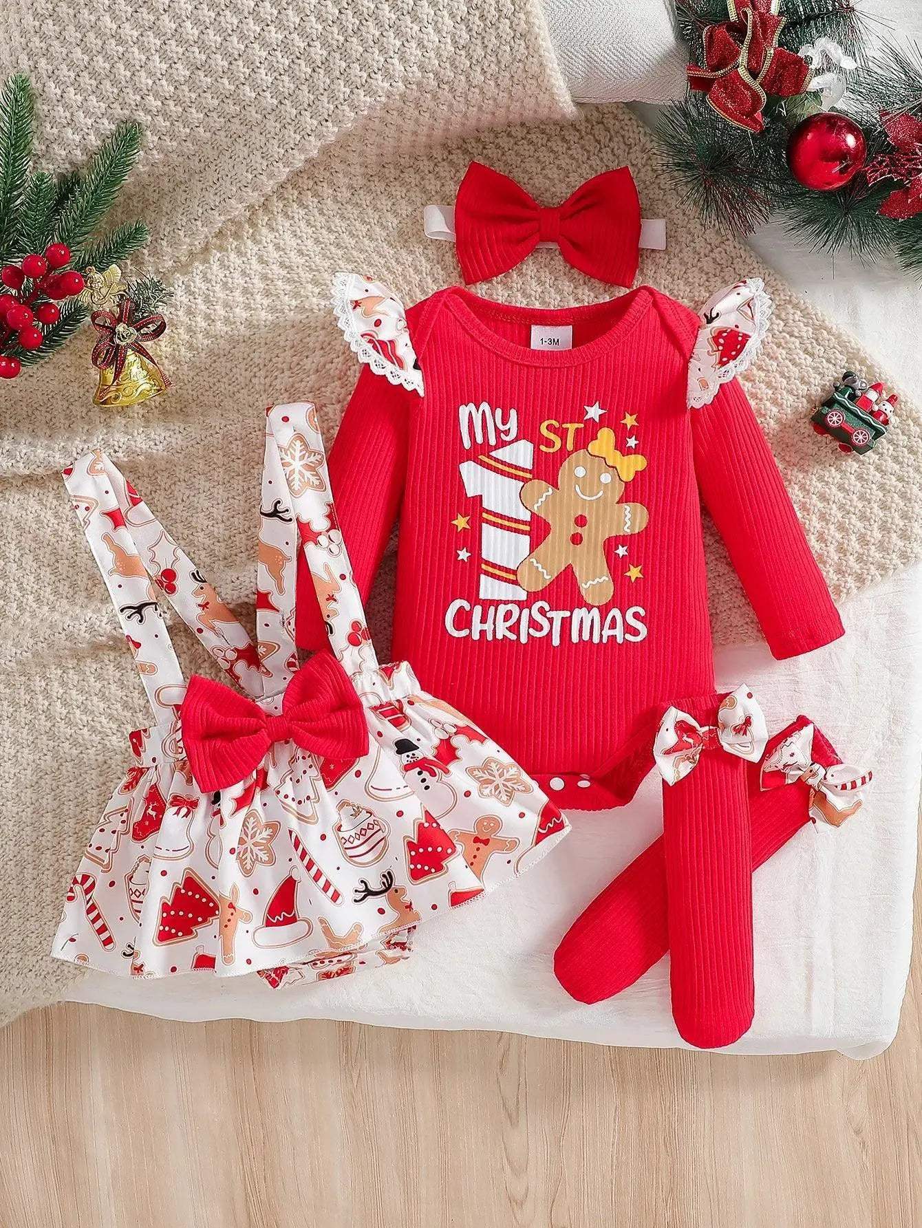 Cute Baby Girl Christmas Jumpsuit Set With Ruffles And Accessories - ToylandEU