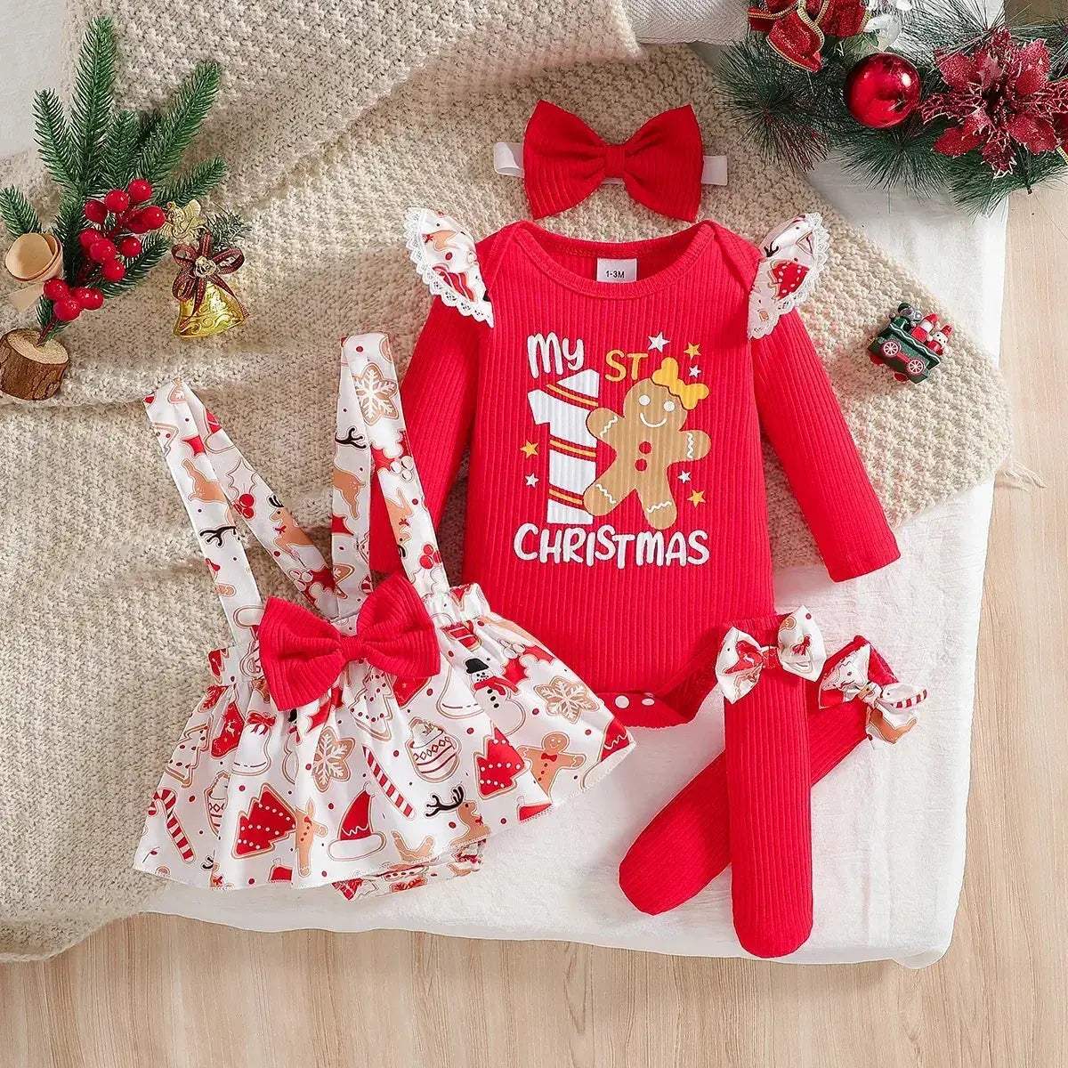 Cute Baby Girl Christmas Jumpsuit Set With Ruffles And Accessories - ToylandEU