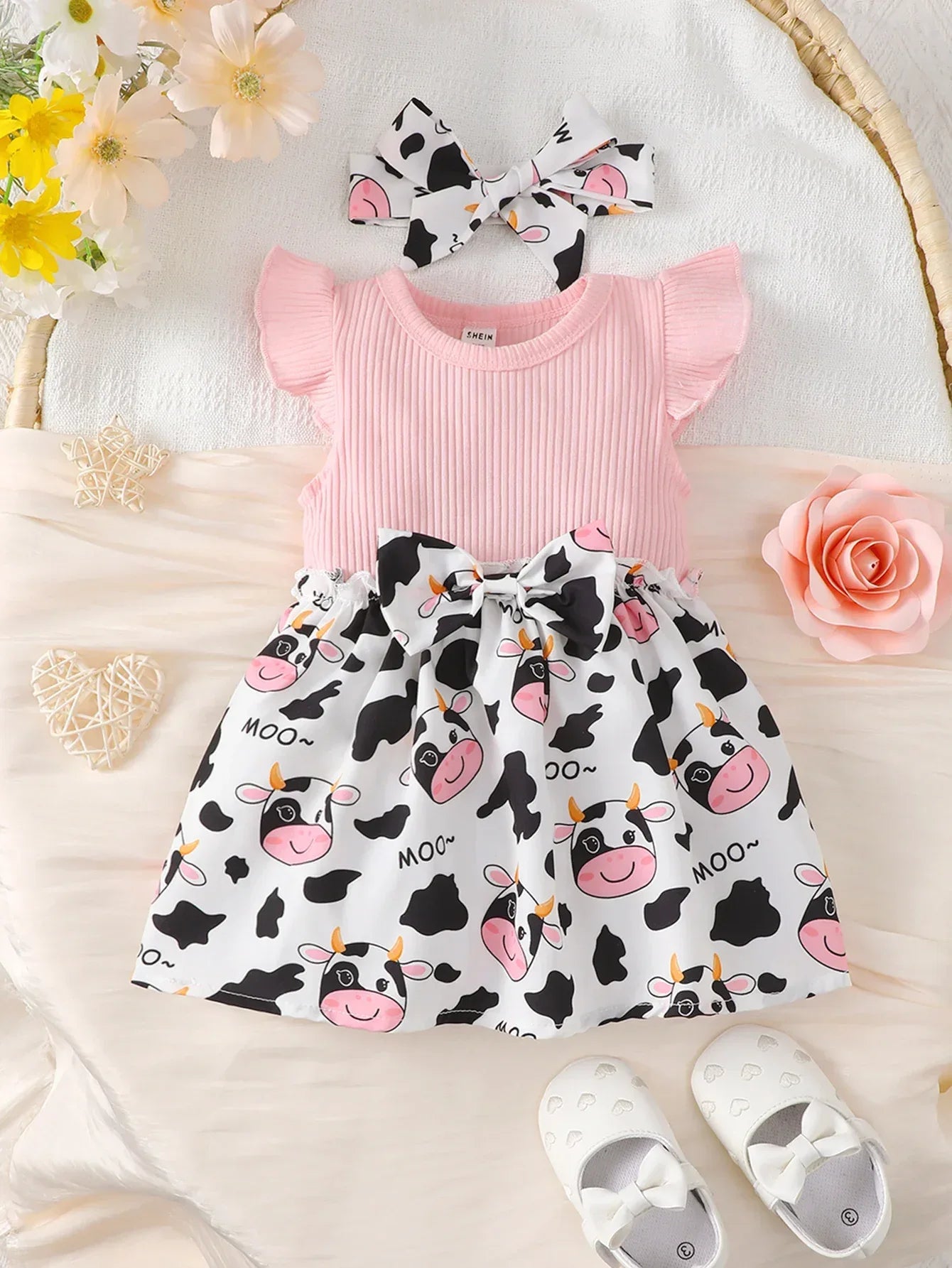 Cute Cartoon Cow Baby Girl Dress Set Skin Friendly - ToylandEU