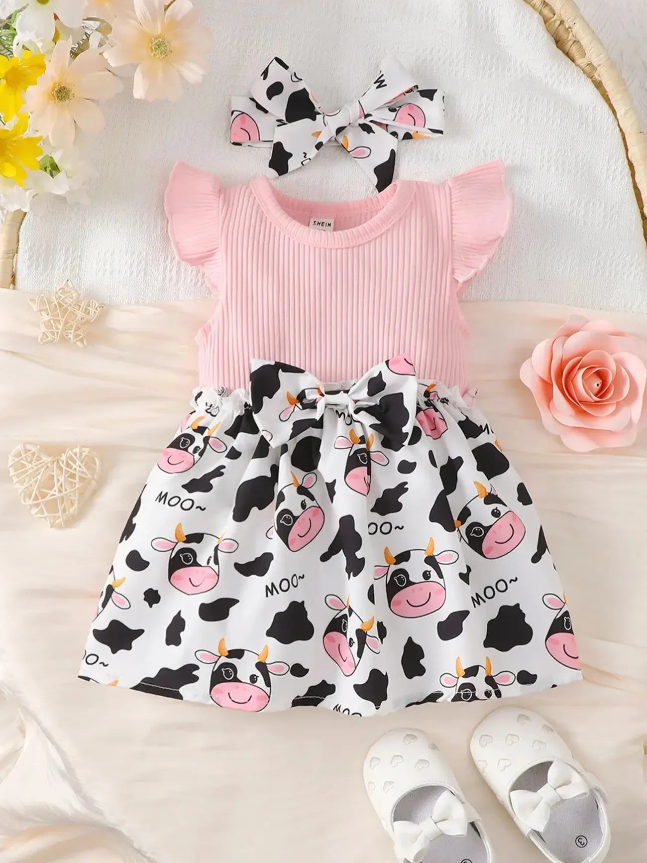 Cute Cartoon Cow Baby Girl Dress Set Skin Friendly - ToylandEU