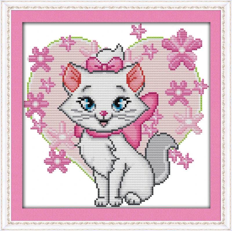 Cute Cartoon Pink Cat Cross Stitch Kit - DIY Embroidery Art 14ct/11ct - ToylandEU