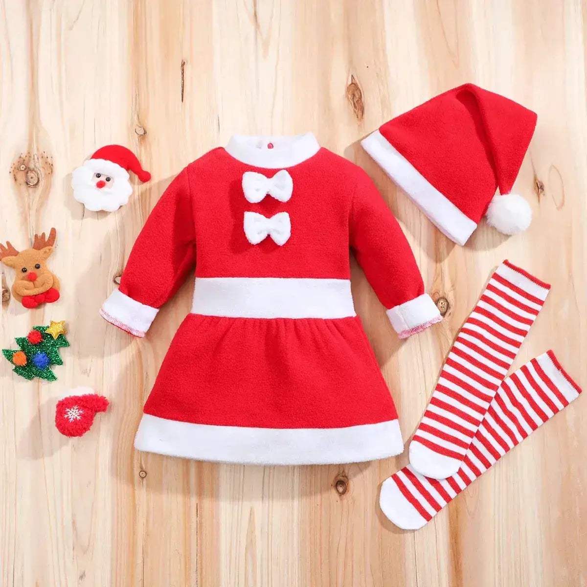 Cute Christmas Baby Girl Dress Set 3pc Hat Socks Outfit - ToylandEU