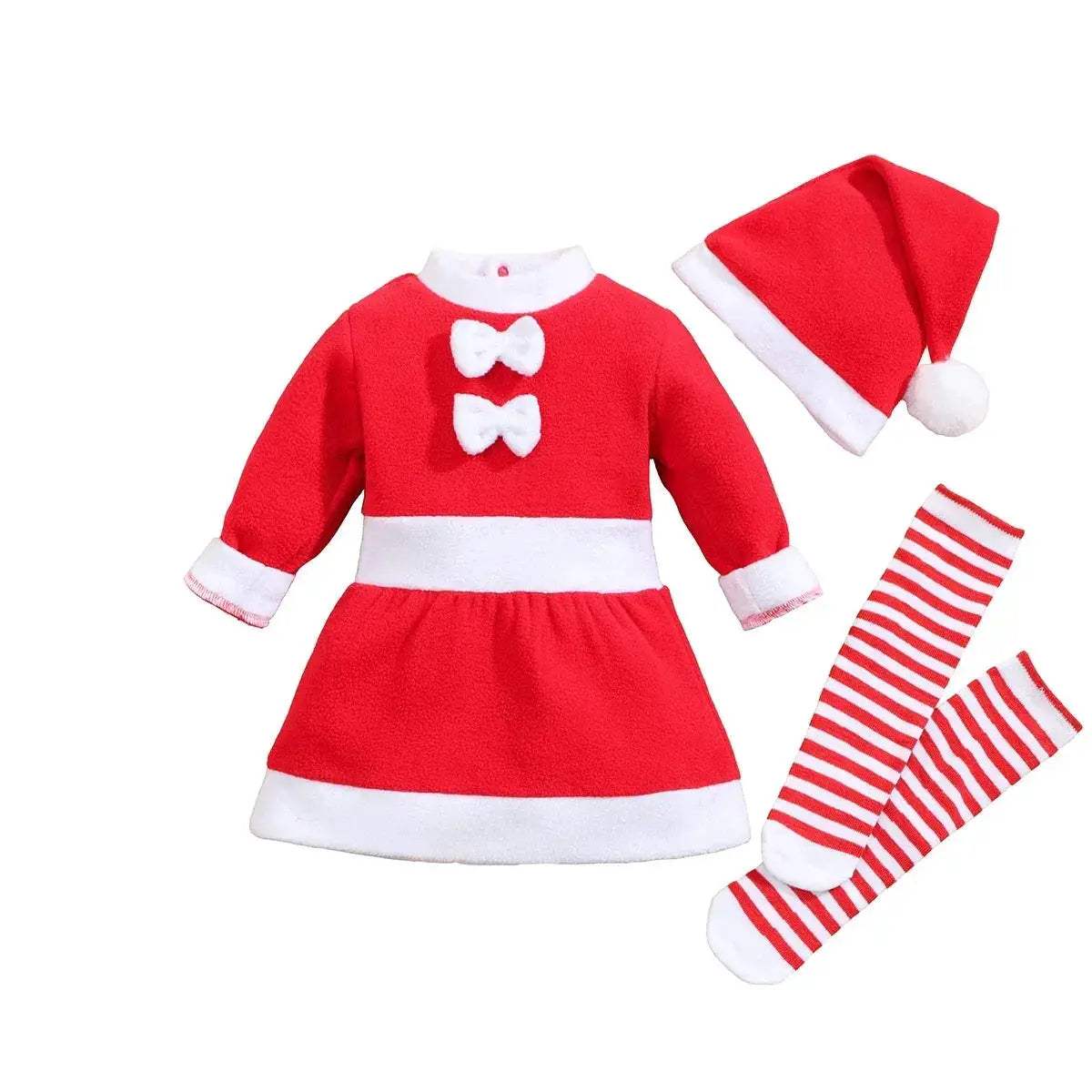 Cute Christmas Baby Girl Dress Set 3pc Hat Socks Outfit - ToylandEU