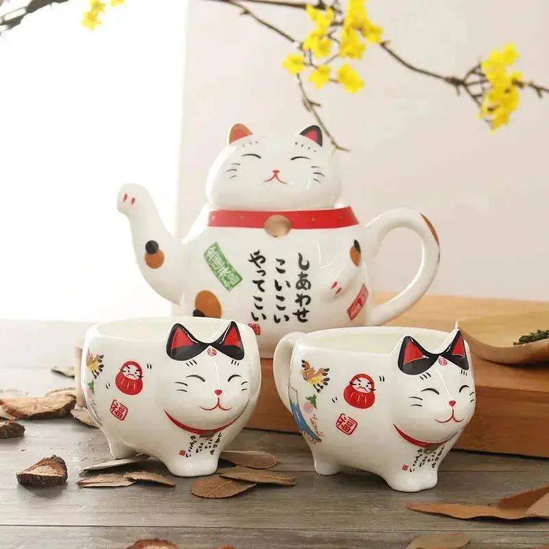 Lucky Cat Tea Set Ceramic Handcrafted Porcelain With Strainer - ToylandEU