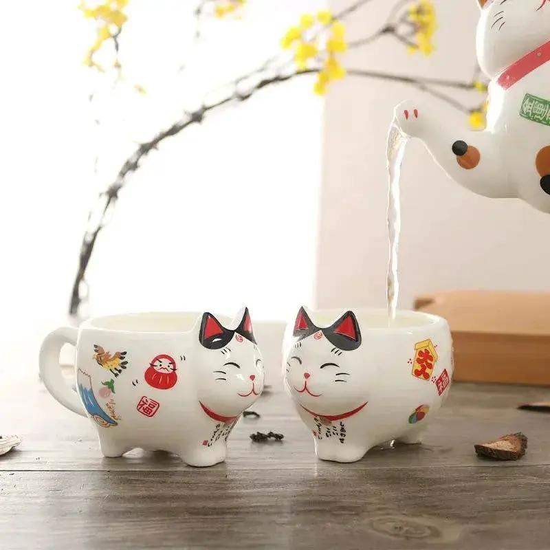 Lucky Cat Tea Set Ceramic Handcrafted Porcelain With Strainer - ToylandEU