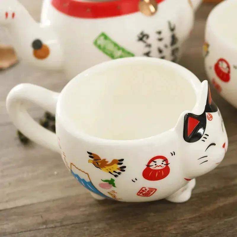 Lucky Cat Tea Set Ceramic Handcrafted Porcelain With Strainer - ToylandEU