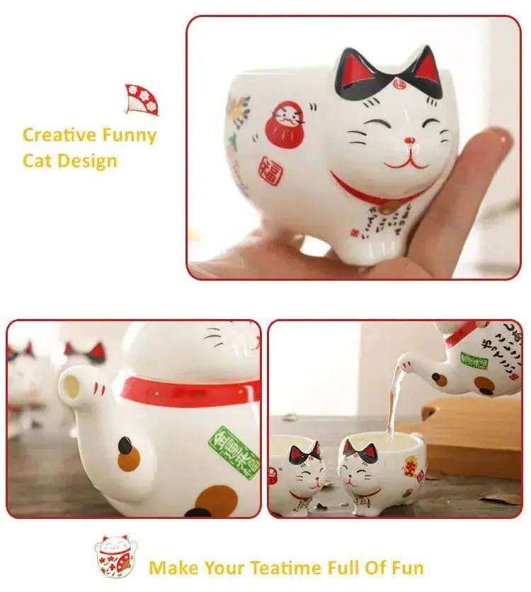 Lucky Cat Tea Set Ceramic Handcrafted Porcelain With Strainer - ToylandEU
