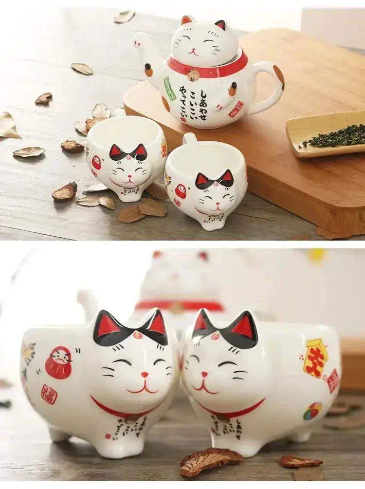 Lucky Cat Tea Set Ceramic Handcrafted Porcelain With Strainer - ToylandEU