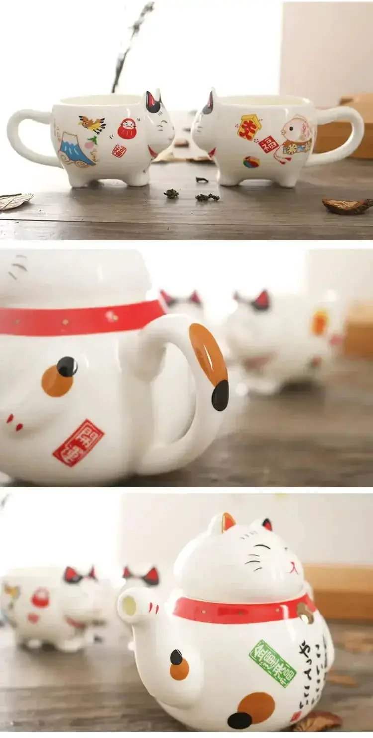 Lucky Cat Tea Set Ceramic Handcrafted Porcelain With Strainer - ToylandEU