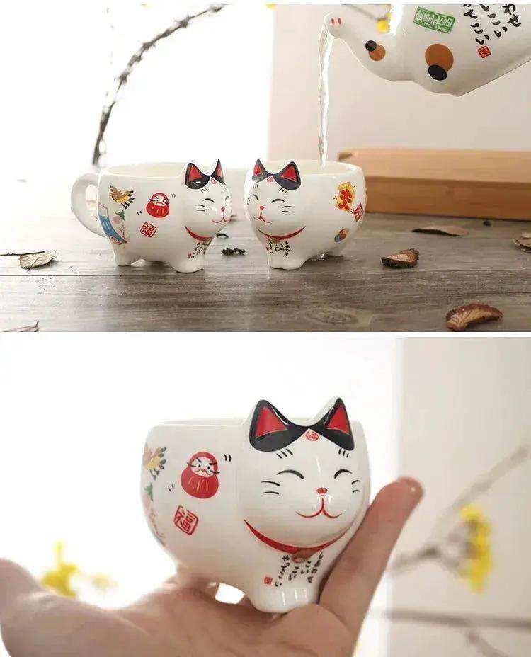 Lucky Cat Tea Set Ceramic Handcrafted Porcelain With Strainer - ToylandEU