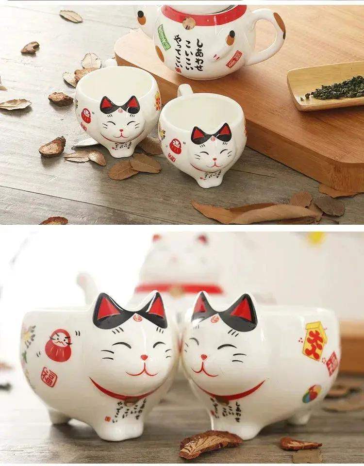 Lucky Cat Tea Set Ceramic Handcrafted Porcelain With Strainer - ToylandEU