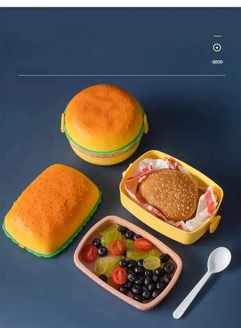 Cute Kawaii Double-Tier Burger Bento Box for Kids, Microwave Safe Fun and Functional Lunchware - ToylandEU