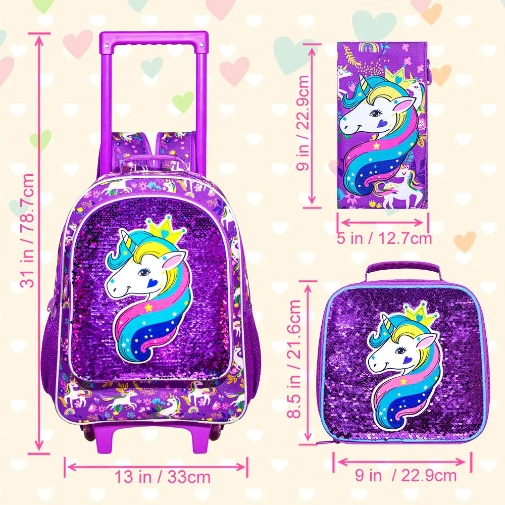 Cute Rolling Backpack For Girls 3-In-1 With Lunch Bag And Pencil Case Unicorn Purple Sequins - ToylandEU