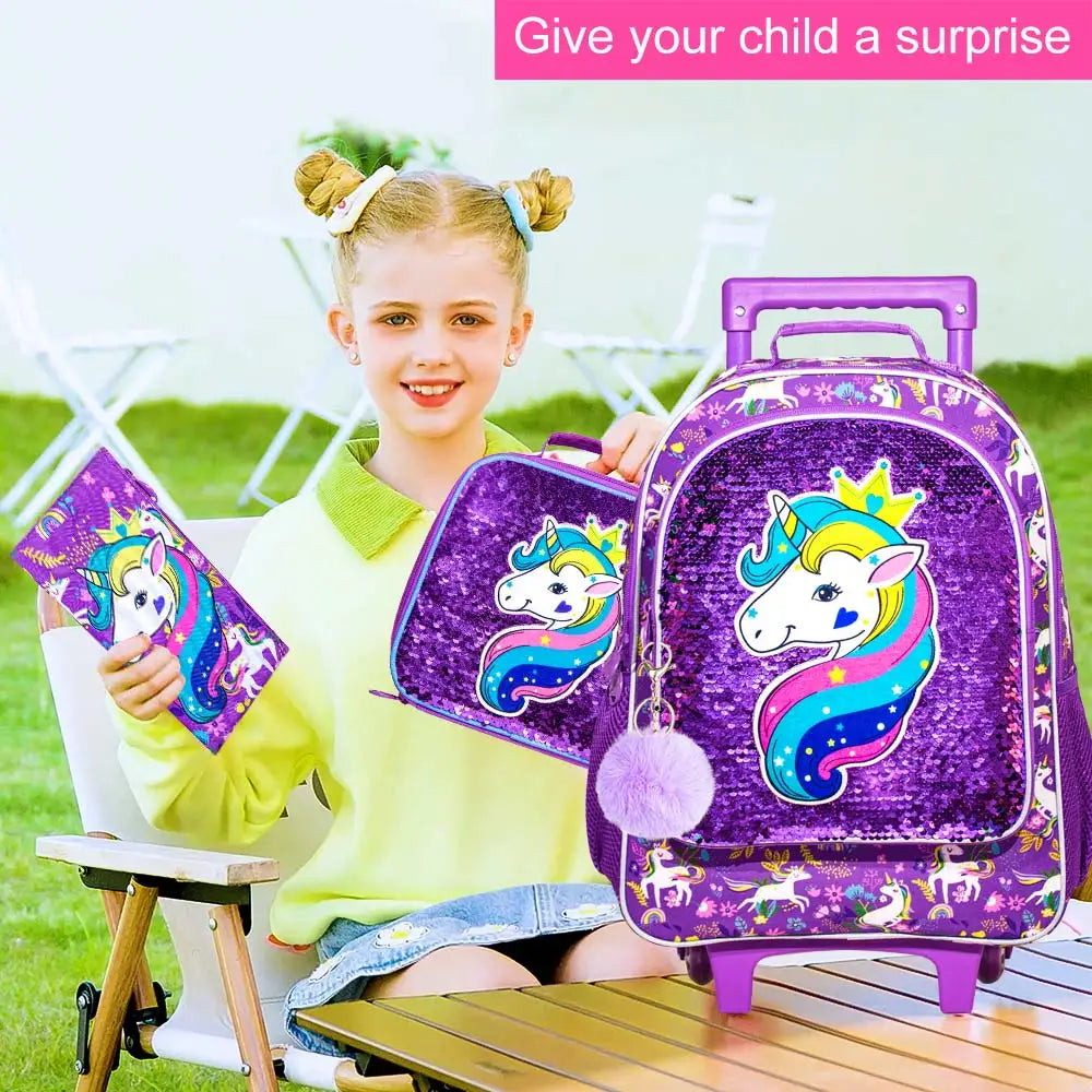 Cute Rolling Backpack For Girls 3-In-1 With Lunch Bag And Pencil Case Unicorn Purple Sequins - ToylandEU