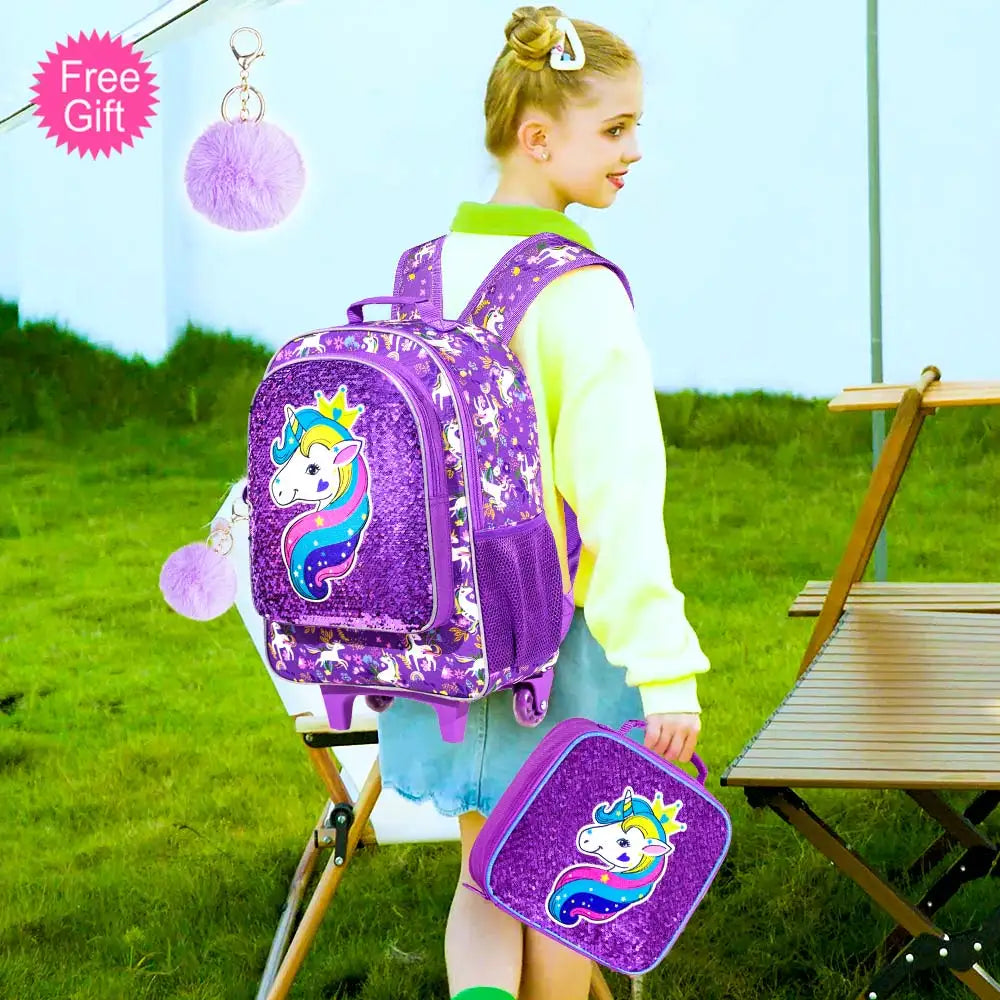 Cute Rolling Backpack For Girls 3-In-1 With Lunch Bag And Pencil Case Unicorn Purple Sequins - ToylandEU