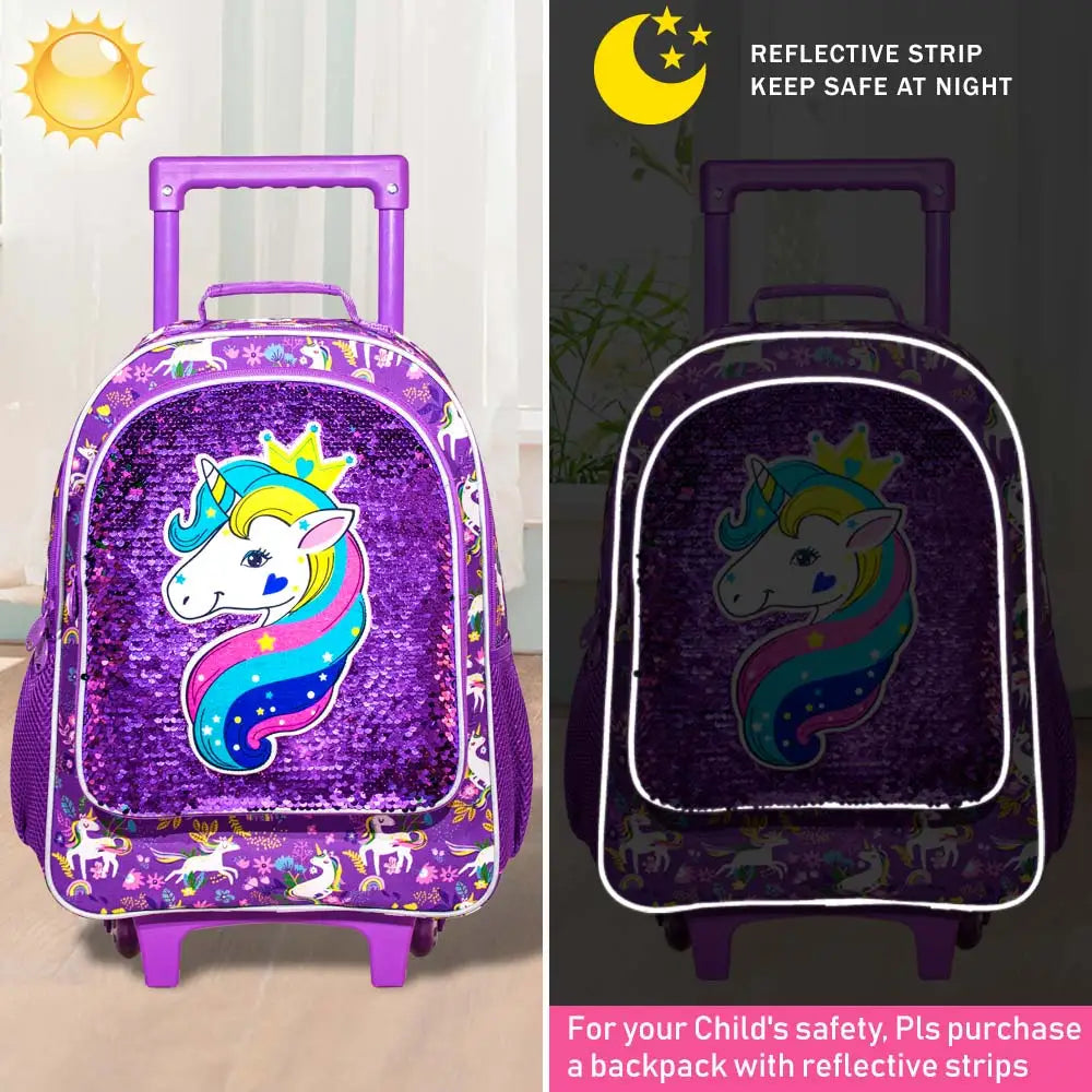 Cute Rolling Backpack For Girls 3-In-1 With Lunch Bag And Pencil Case Unicorn Purple Sequins - ToylandEU