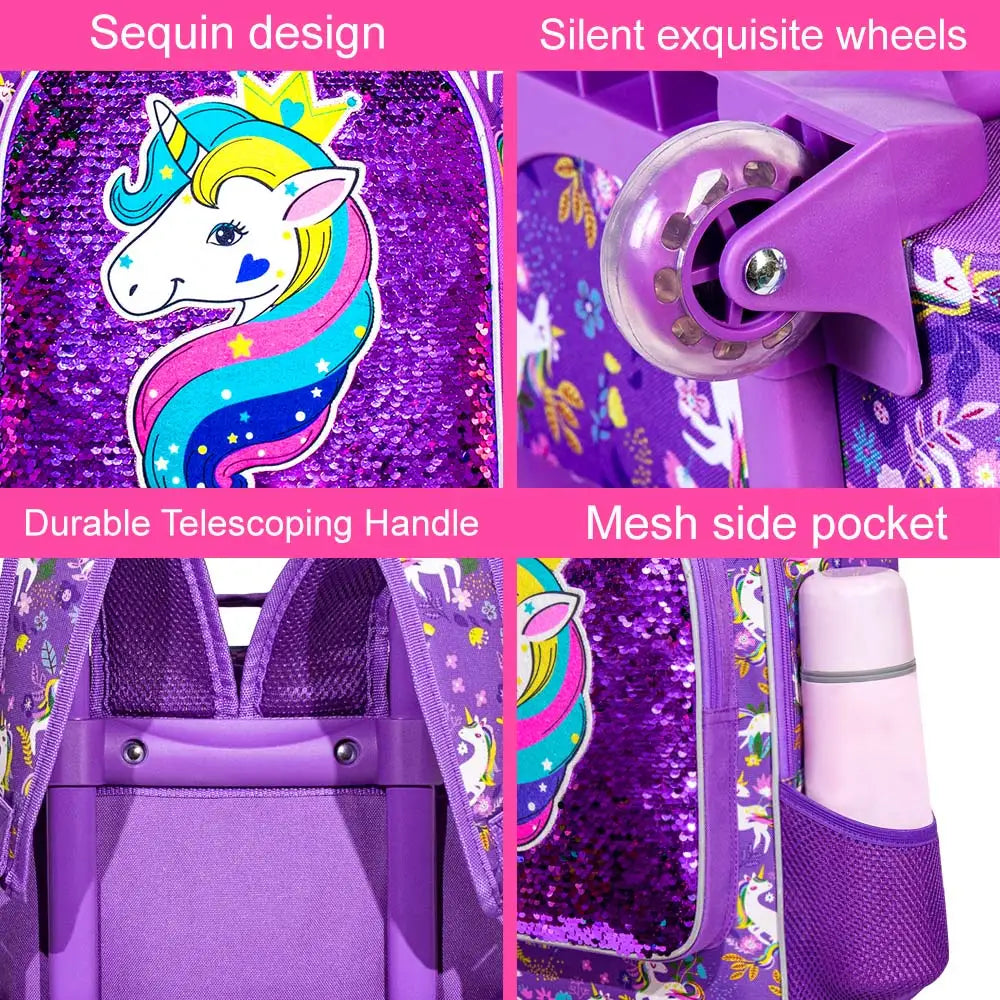 Cute Rolling Backpack For Girls 3-In-1 With Lunch Bag And Pencil Case Unicorn Purple Sequins - ToylandEU