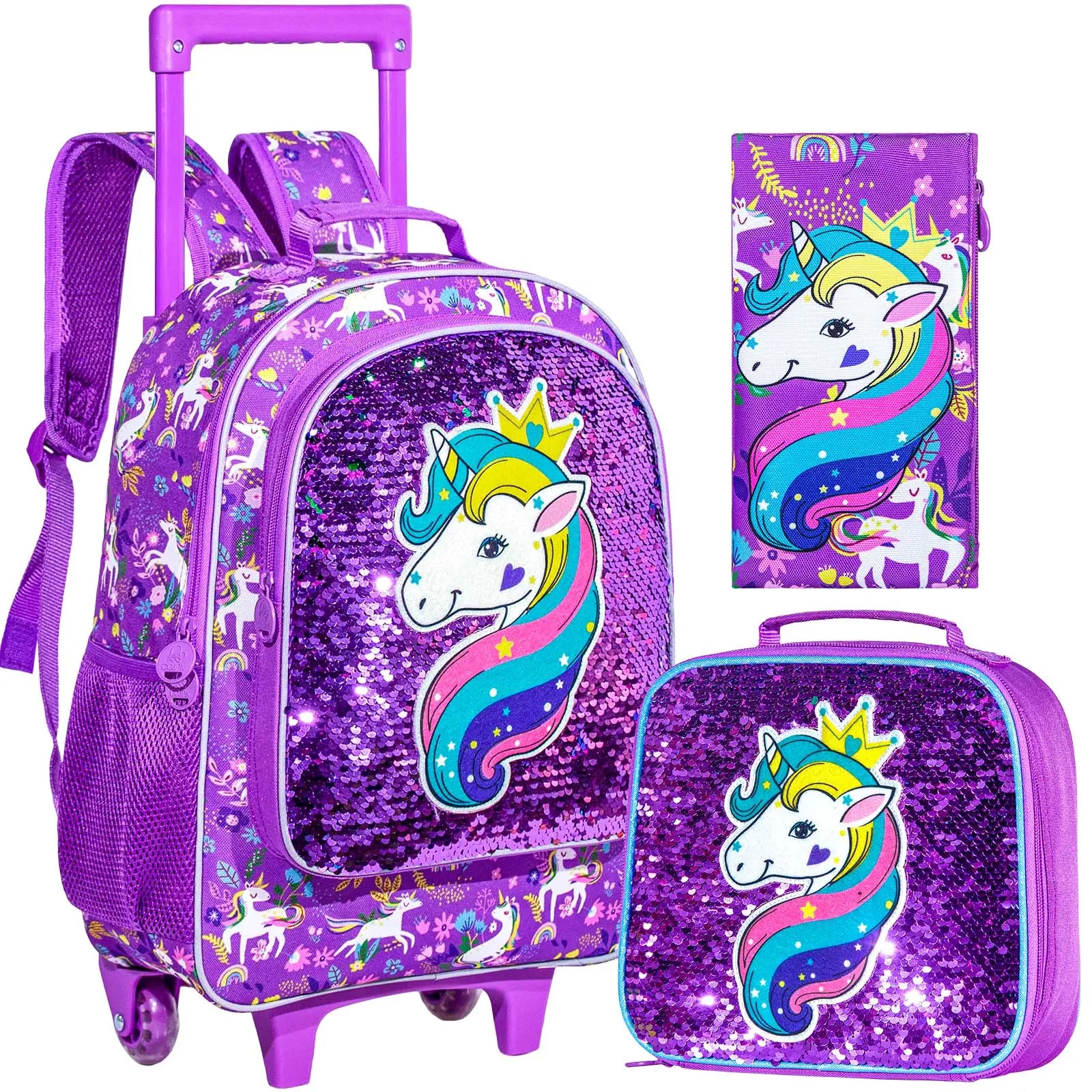 Cute Rolling Backpack For Girls 3-In-1 With Lunch Bag And Pencil Case Unicorn Purple Sequins - ToylandEU