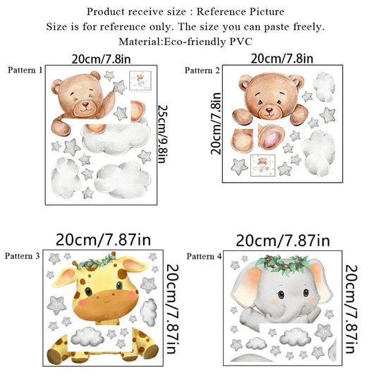 Cute Wall Decals Giraffe Bear Elephant Star Kids Bedroom - ToylandEU