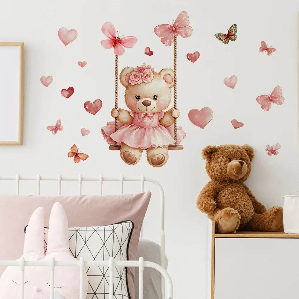 Cute Wall Stickers Cartoon Bear Swing Butterfly For Kids - ToylandEU