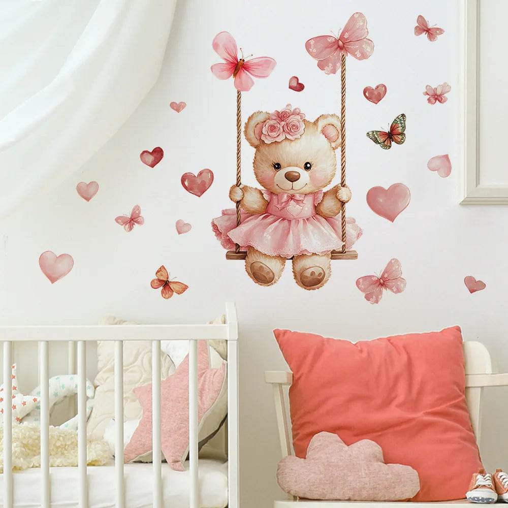 Cute Wall Stickers Cartoon Bear Swing Butterfly For Kids - ToylandEU